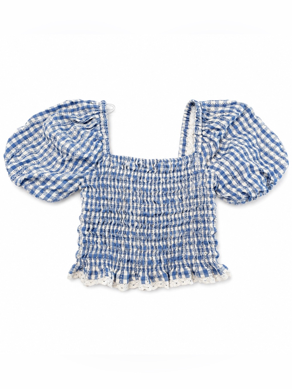 English Factory Blue Gingham Smocked Puff-Sleeve Crop Top with Lace Trim